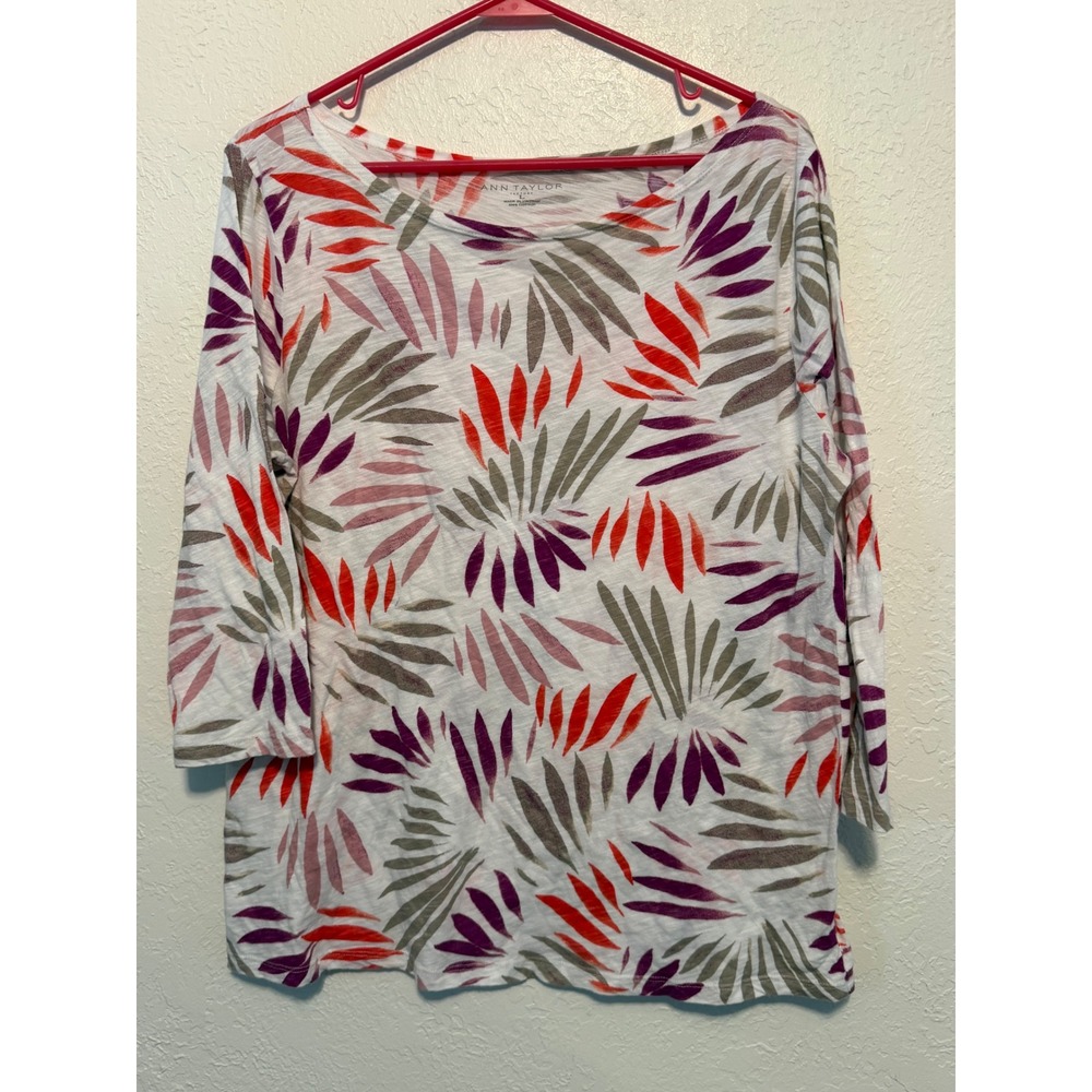 Ann Taylor Factory Womens Large Cotton Slub 3/4 Sleeve Abstract Leaf Print Top
